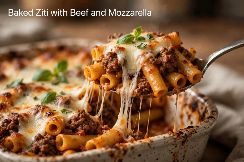 10 Casserole Recipes for Dinner That Actually Hold Up on a Weeknight 4 spoon lifting a cheesy serving of baked ziti with beef out of the casserole dish