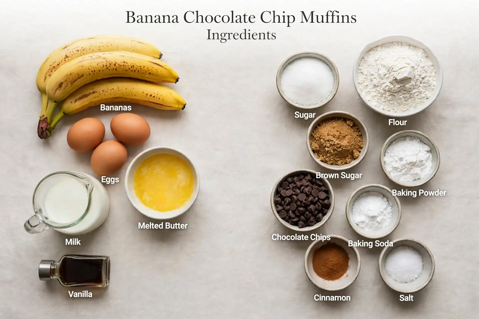 Banana Chocolate Chip Muffins (Soft, Moist, Ready in 35 Minutes) 3 banana chocolate chip muffins ingredients arranged in an overhead flat lay on a neutral background before prepping