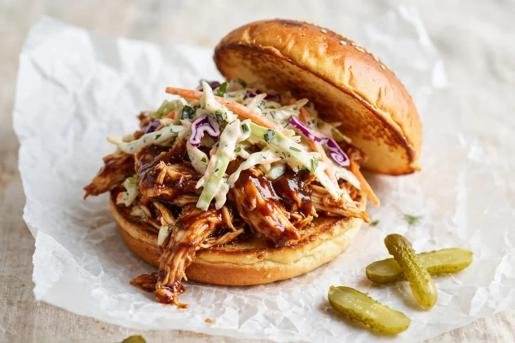 A 45-degree shot of a BBQ pulled chicken sandwich on a toasted brioche bun, slightly open so the sauced chicken and slaw are visible, plated on wax paper with a few extra pickles scattered nearby, shot in bright, soft natural light with minimal props.