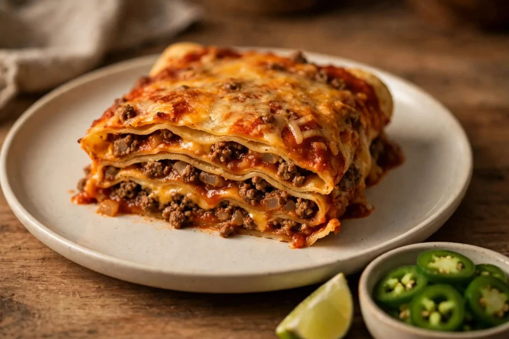 10 Casserole Recipes for Dinner That Actually Hold Up on a Weeknight 3 sliced serving of beef enchilada casserole showing the layered tortillas and beef filling