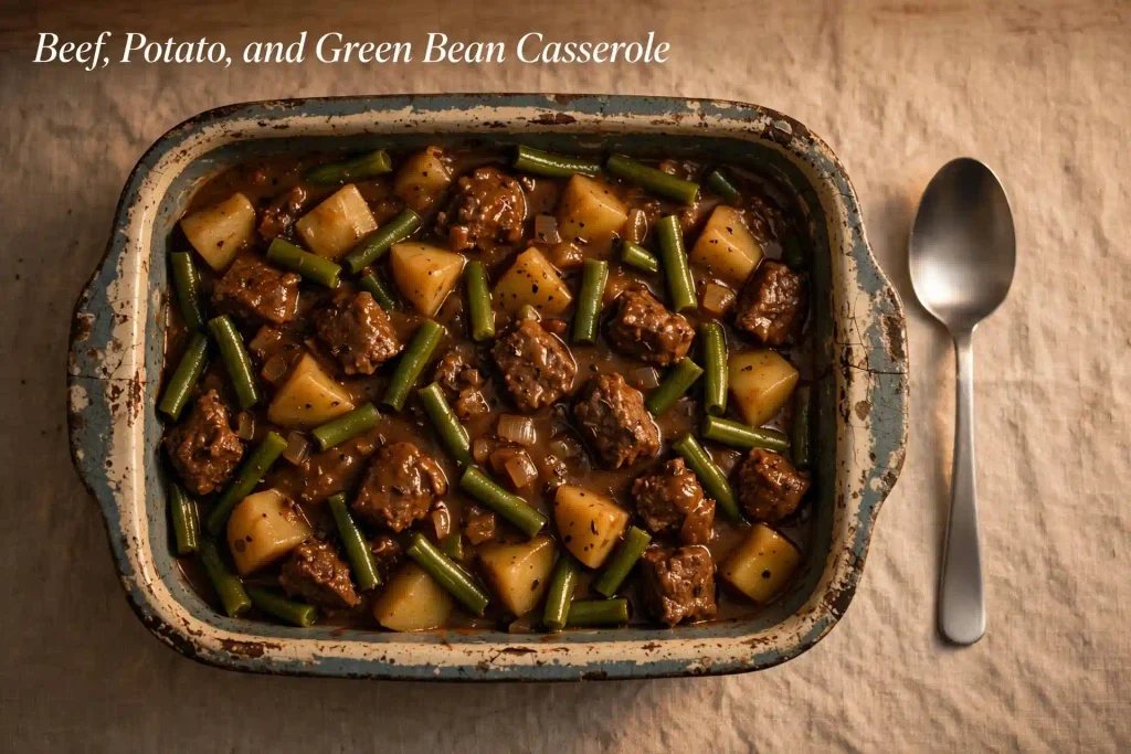 10 Casserole Recipes for Dinner That Actually Hold Up on a Weeknight 11 overhead view of beef potato and green bean casserole in a ceramic baking dish