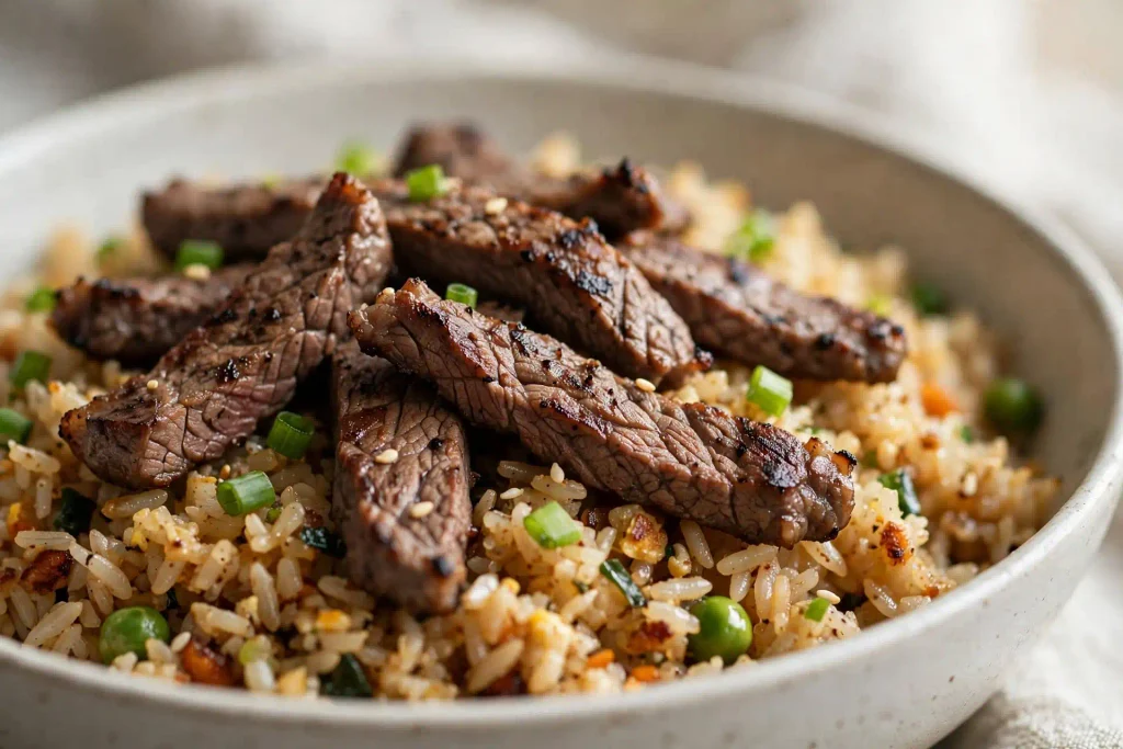 10 Best Fried Rice Recipes for Easy Weeknight Dinners 5 Close-up of seared beef strips over fried rice from this fried rice recipe collection