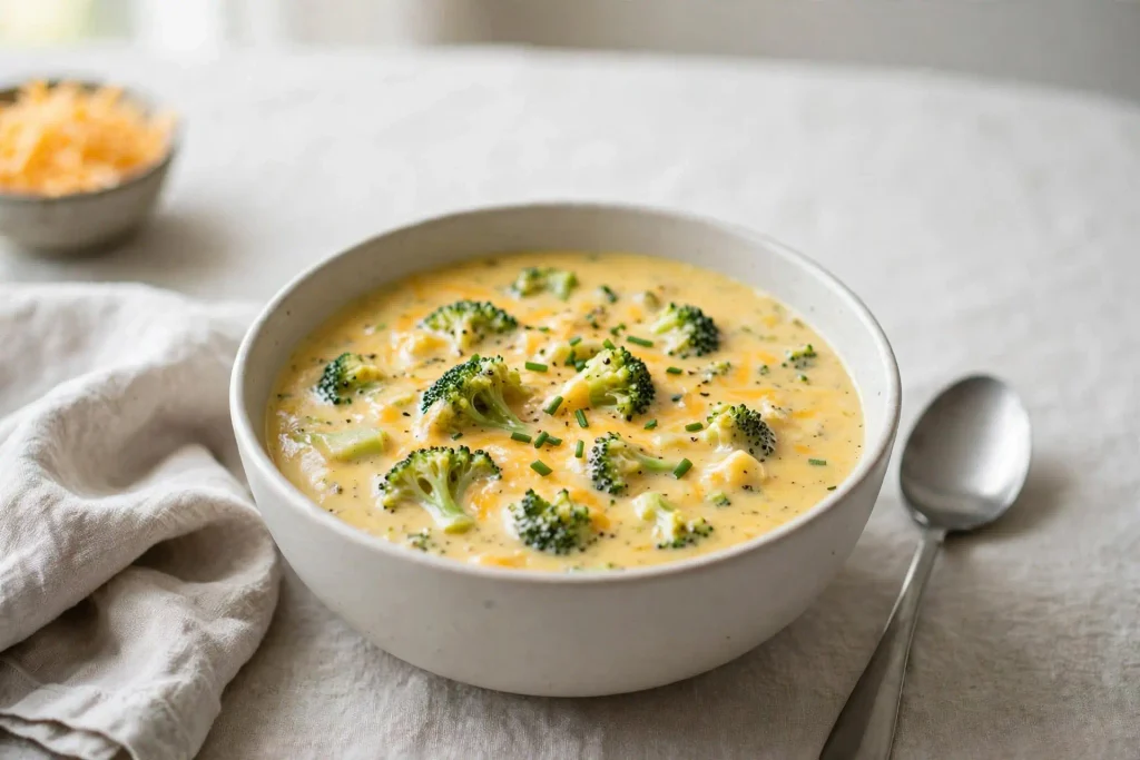 Creamy Broccoli Cheddar Soup (One Pot, 40 Minutes) 2 broccoli cheddar soup, finished dish shown at a 45-degree angle in bright natural light with minimal props