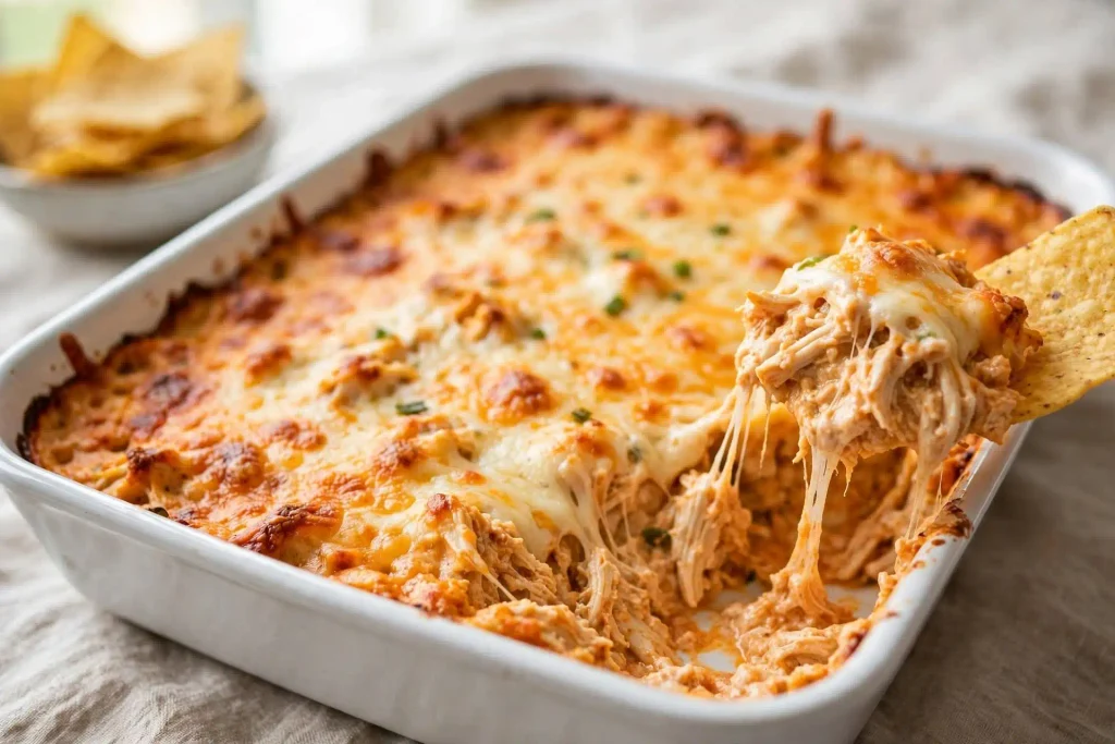 A 45-degree shot of baked buffalo chicken dip in a white baking dish, a tortilla chip lifting a cheesy scoop out of the corner to show texture, shot in bright, soft natural light, minimal props, a small bowl of extra chips just out of focus.