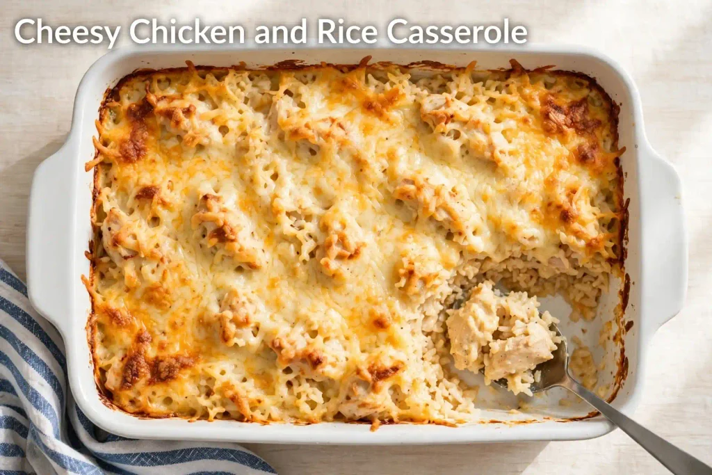 10 Casserole Recipes for Dinner That Actually Hold Up on a Weeknight 2 overhead photo of cheesy chicken and rice casserole in a baking dish with one serving scooped out File name: cheesy-chicken-rice-casserole