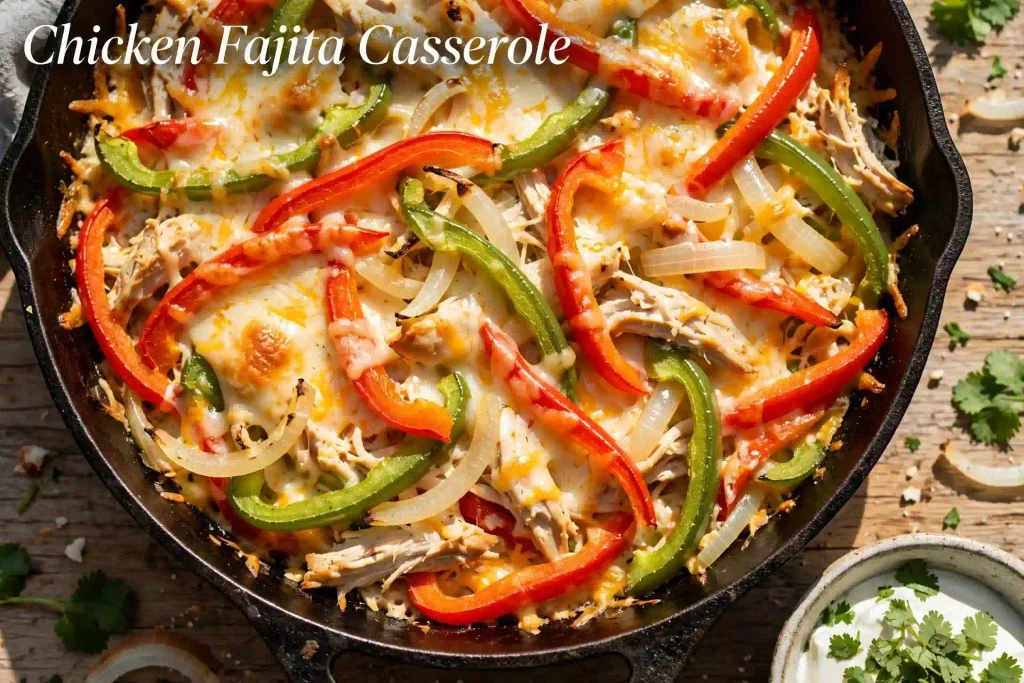 10 Casserole Recipes for Dinner That Actually Hold Up on a Weeknight 5 overhead view of chicken fajita casserole with bell peppers onions and melted cheese