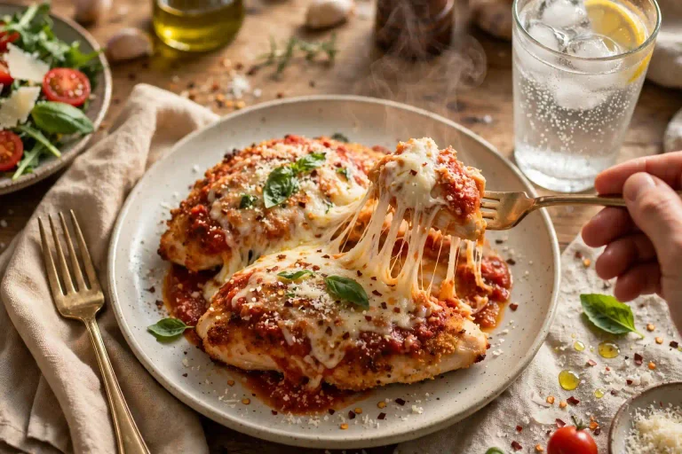 Crispy Baked Chicken Parmesan Recipe (Stays Crunchy Under the Sauce) 3 chicken parmesan plated and garnished for serving with a cheese pull from a lifted forkful