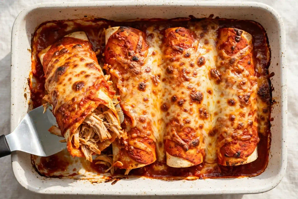 Baking dish of chicken enchiladas with melted cheese, one of 10 recipes in this shredded chicken roundup