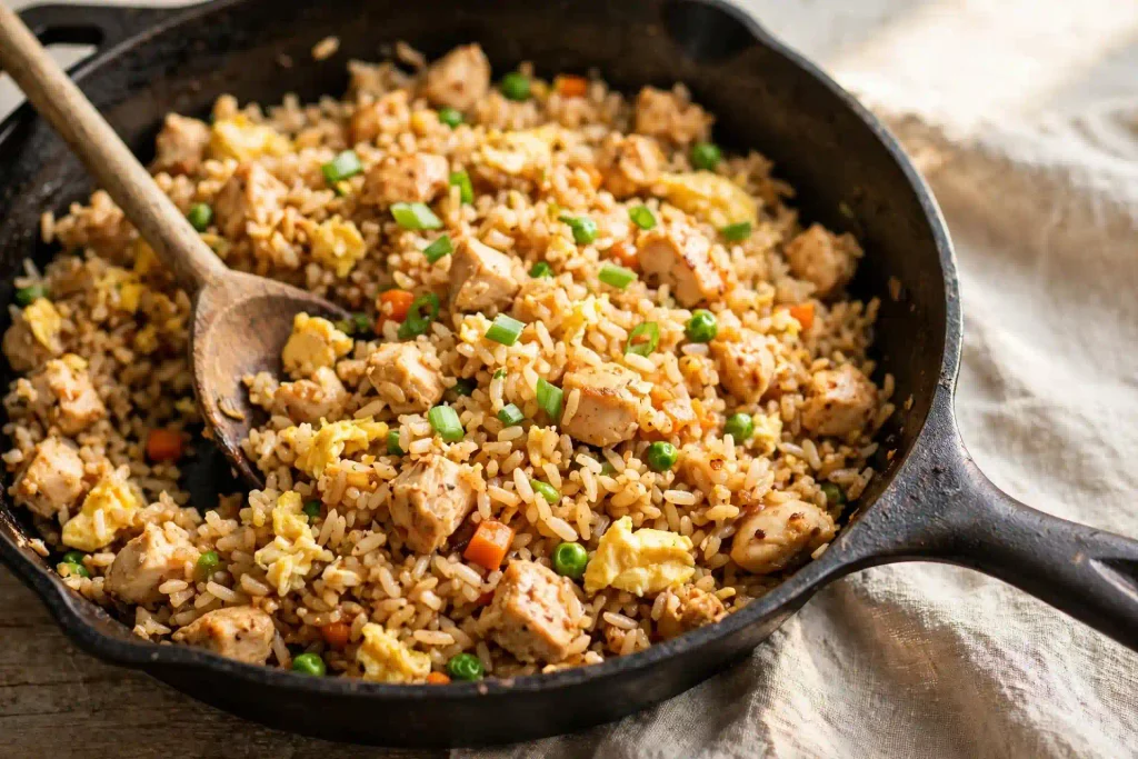 10 Best Fried Rice Recipes for Easy Weeknight Dinners 4 Chicken fried rice served in a cast iron skillet, recipe number 3 in this fried rice roundup