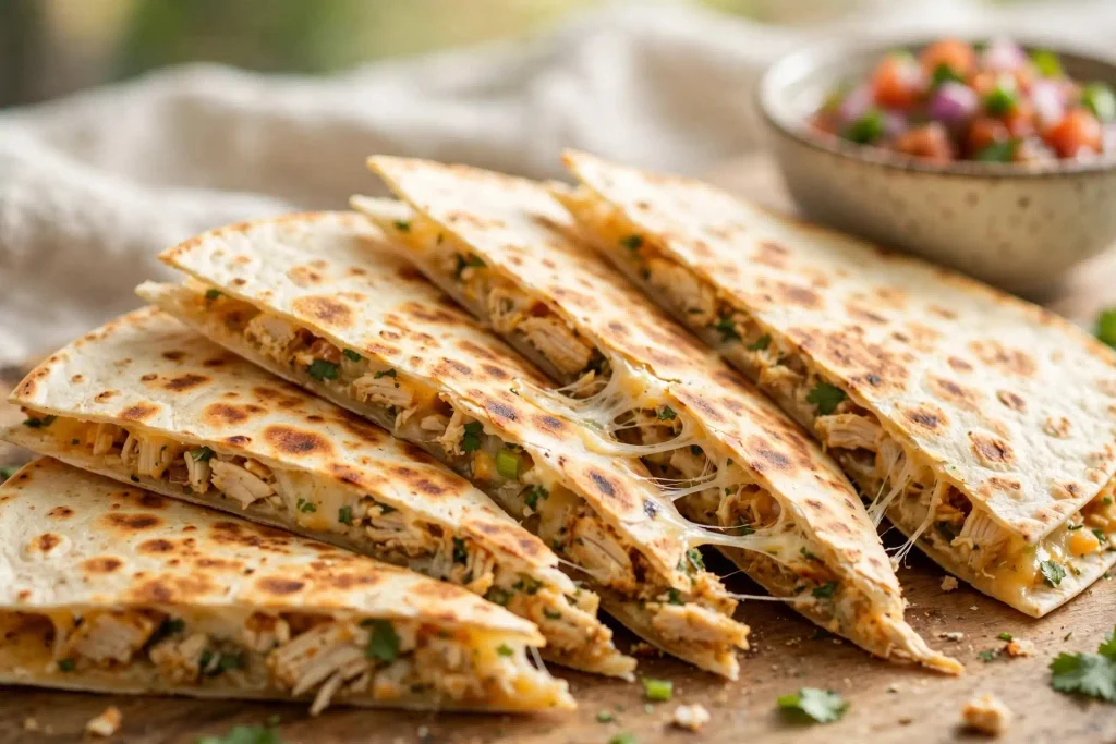 Chicken quesadilla wedges fanned out showing cheese pull, the last of these 10 shredded chicken recipes