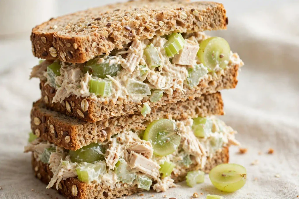 Chicken salad sandwich cut in half showing filling with celery and grapes, from this shredded chicken roundup