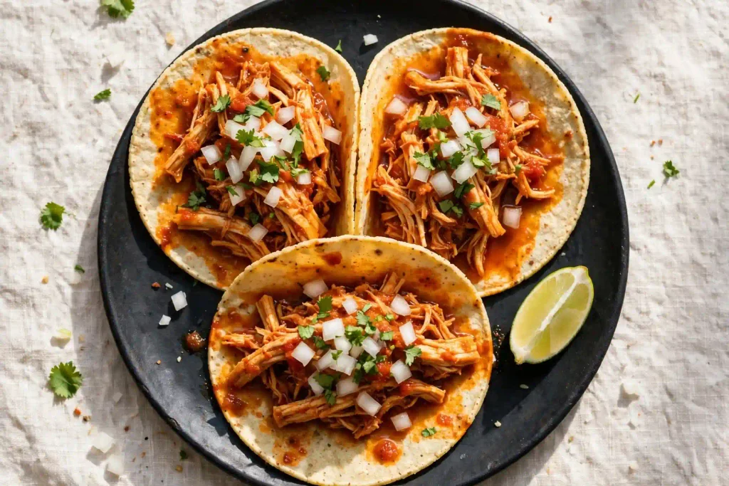  An overhead shot of three chicken tinga tacos on small corn tortillas, fanned out on a dark plate, sauce visibly soaked into the tortilla edges, topped with diced onion and cilantro, a lime wedge on the side, shot in bright natural light.