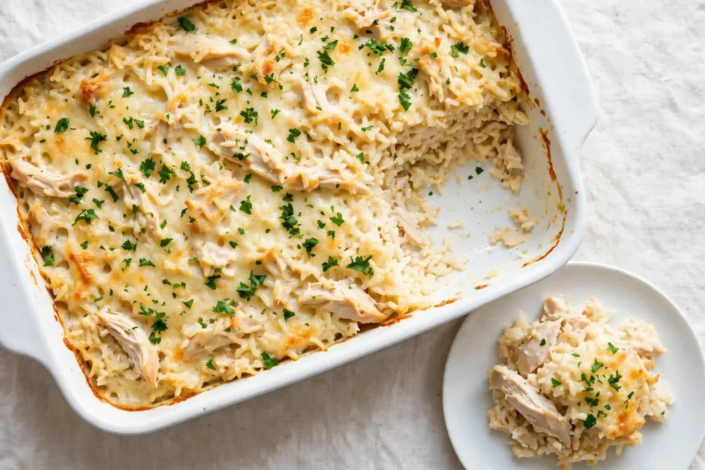 10 Best Chicken Casserole Recipes for Easy Weeknight Dinners 1 Classic Chicken and Rice Casserole, one of 10 chicken casserole recipes in this roundup, scooped and ready to serve