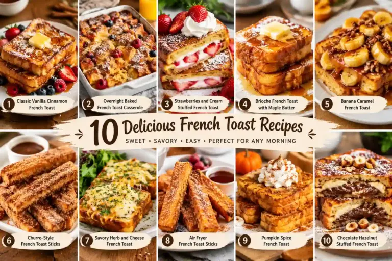 10 Best French Toast Recipes for Breakfast or Brunch 7 French toast recipes roundup featured image showing four of the ten dishes, including classic, stuffed, casserole, and sticks