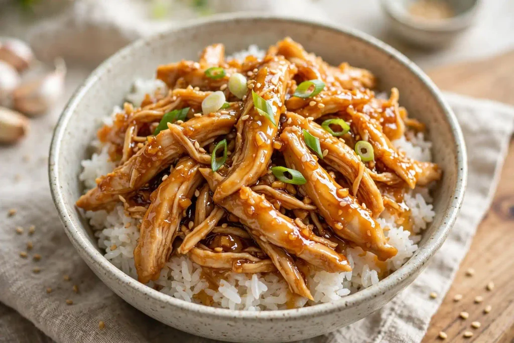 Bowl shot from a 45-degree angle, glossy sauce visible coating the chicken, scallions and sesame seeds scattered on top.
