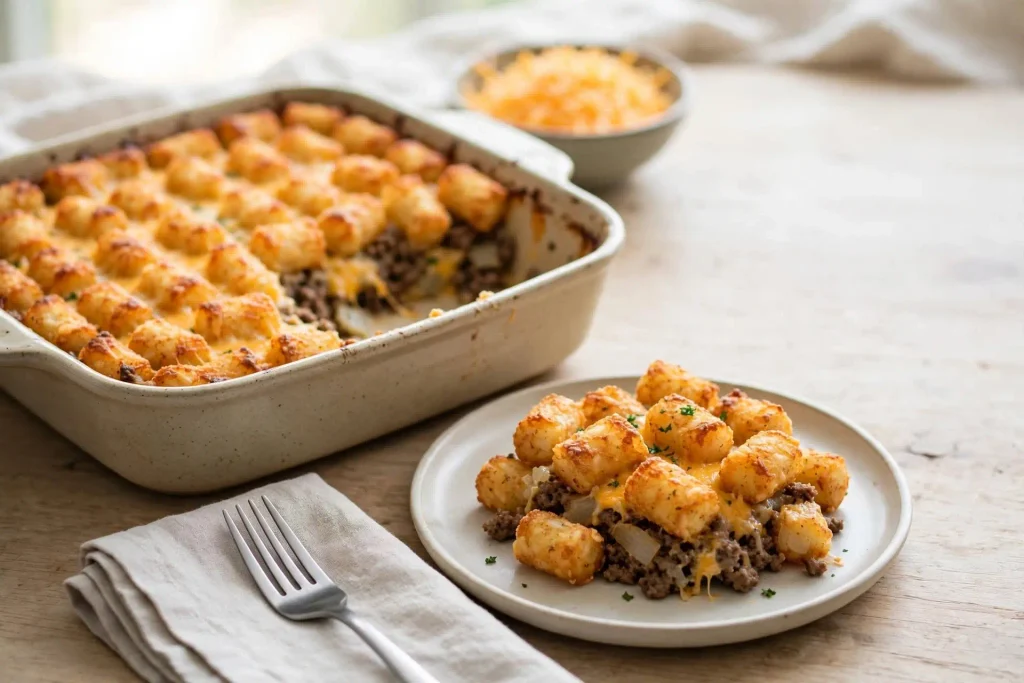 Tater tot casserole, finished dish shown at a 45 degree angle in bright natural light with minimal props