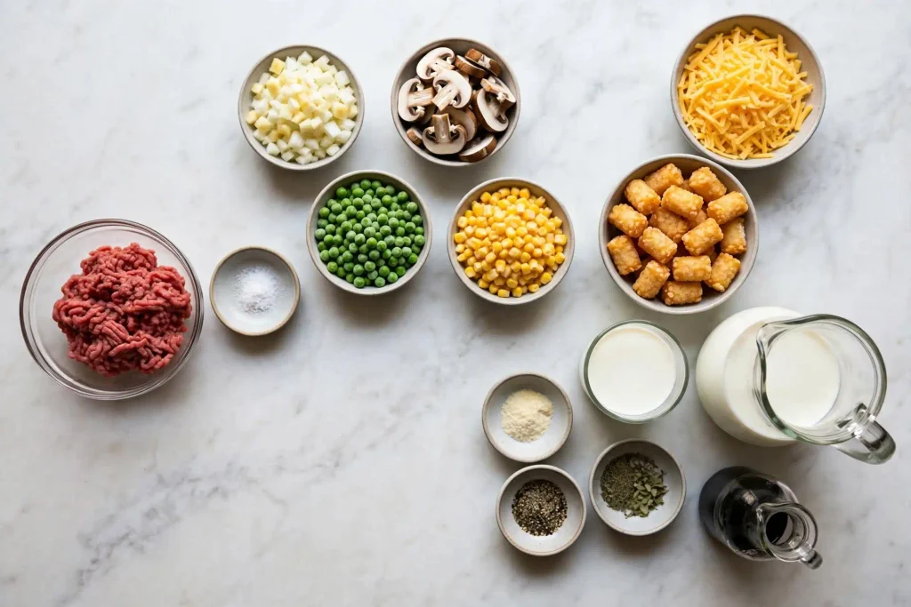 Tater tot casserole ingredients arranged in an overhead flat lay on a neutral background before prepping