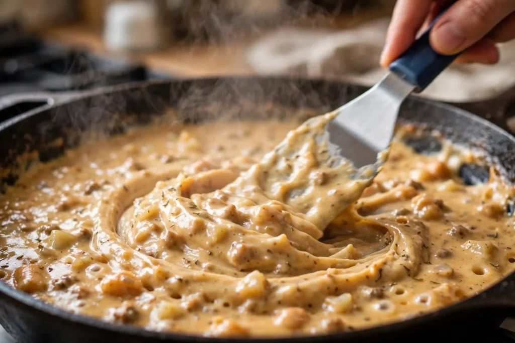 Close-up of tater tot casserole sauce at the thickened, glossy stage, showing texture and consistency