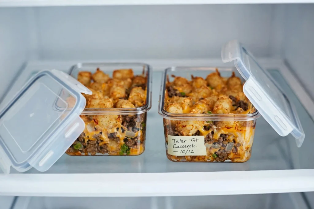 Tater tot casserole stored in an airtight container ready for the fridge or freezer