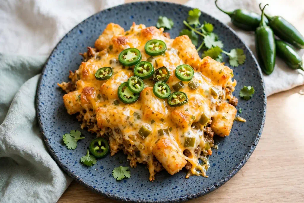 Tater tot casserole variation showing the spicy pepper jack and jalapeño version