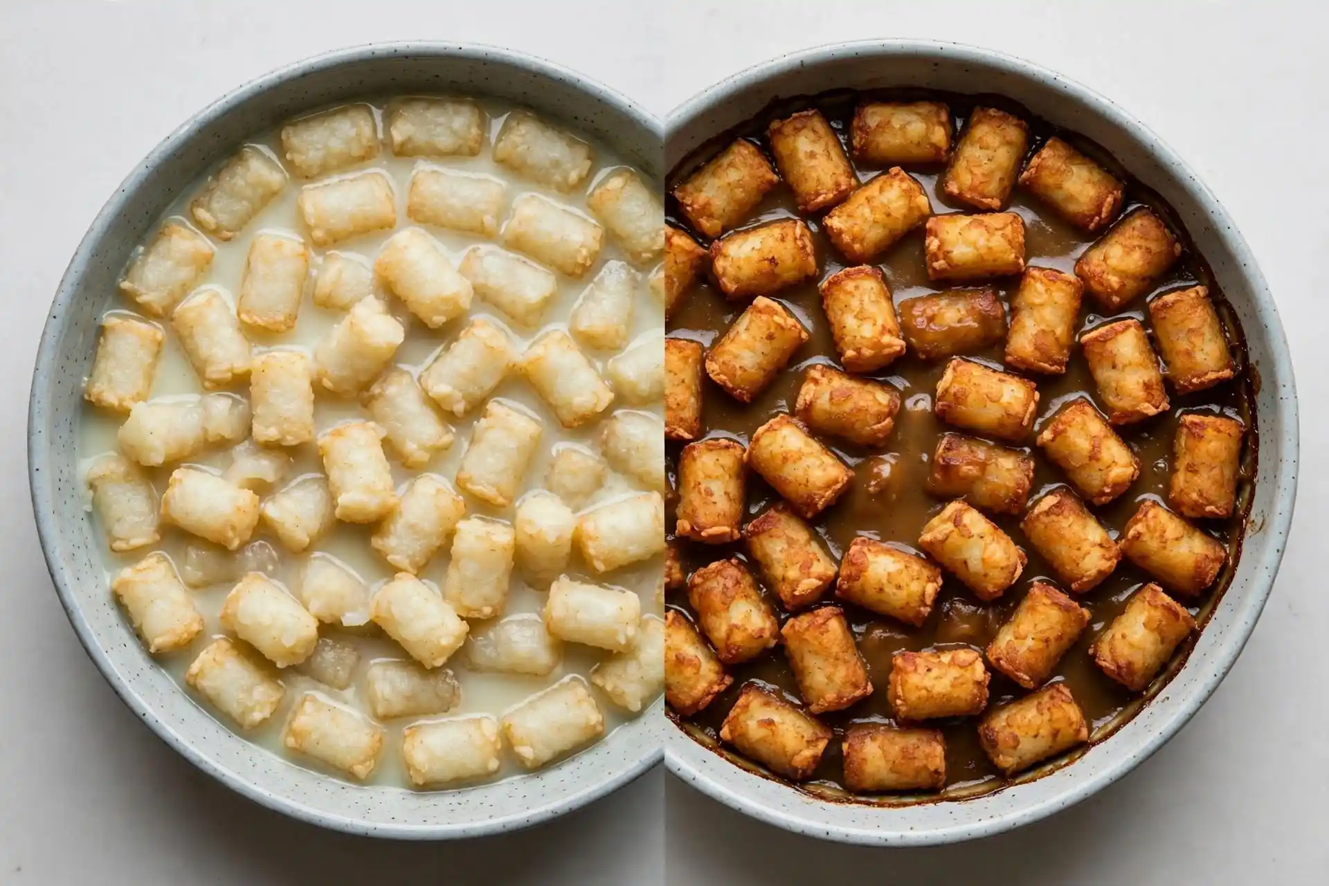 Tater tot casserole comparison showing soggy tots versus properly crisped tots