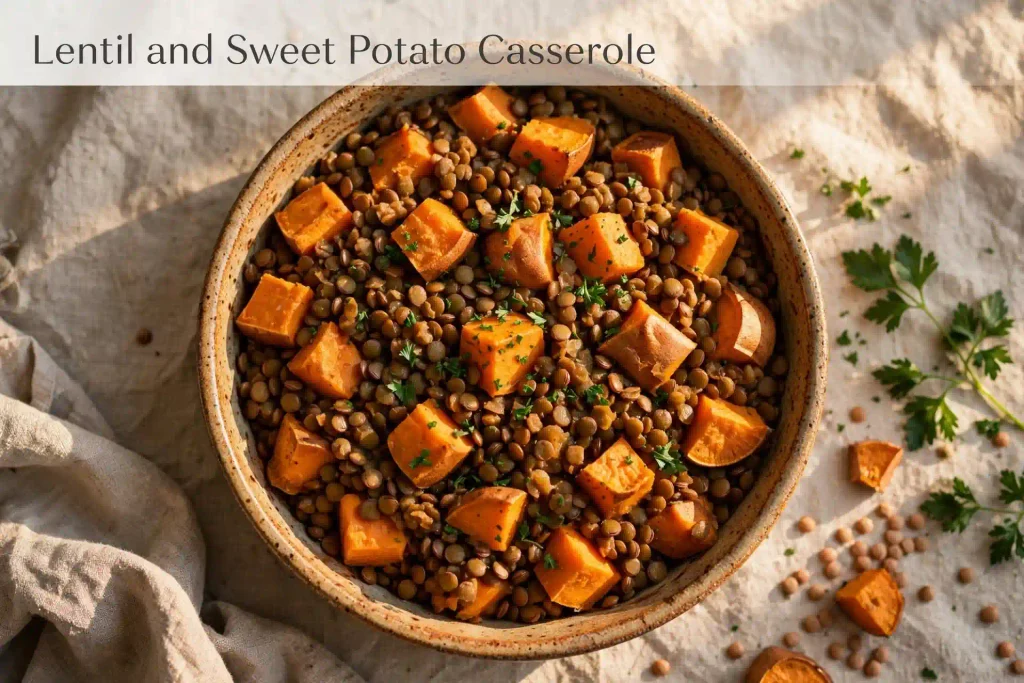 10 Casserole Recipes for Dinner That Actually Hold Up on a Weeknight 9 overhead photo of lentil and sweet potato casserole with parsley garnish
