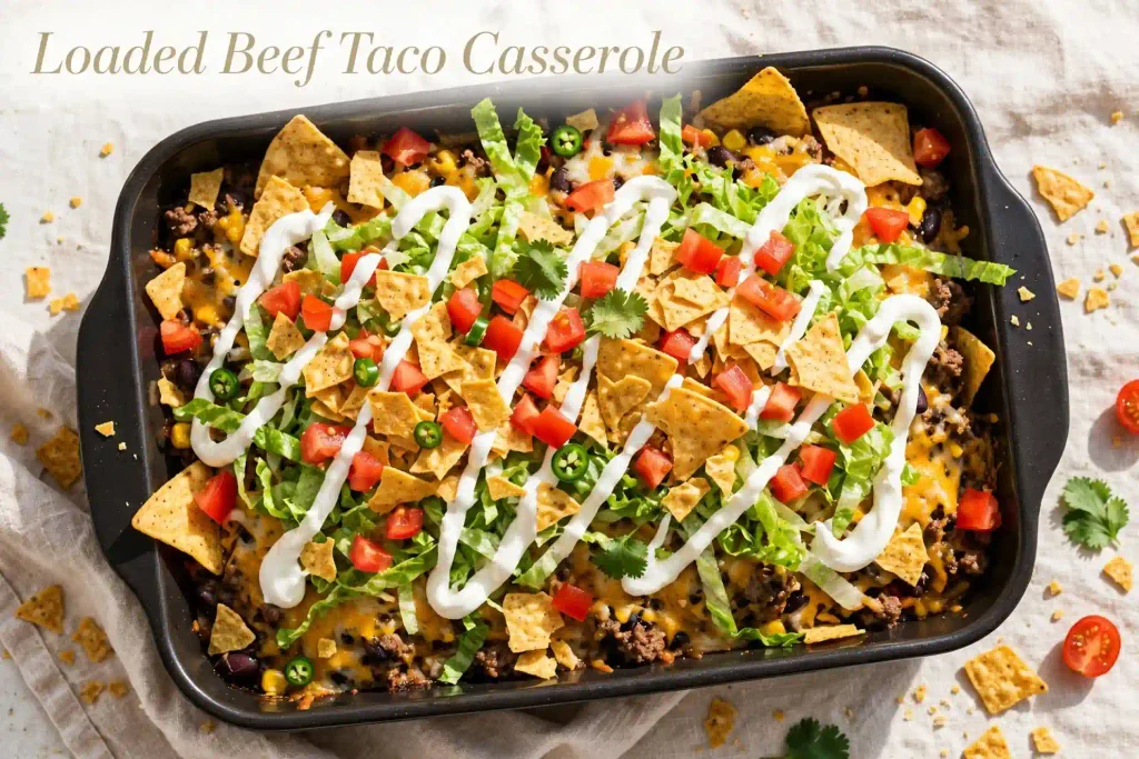 10 Casserole Recipes for Dinner That Actually Hold Up on a Weeknight 8 loaded beef taco casserole topped with lettuce tomato and crushed tortilla chips