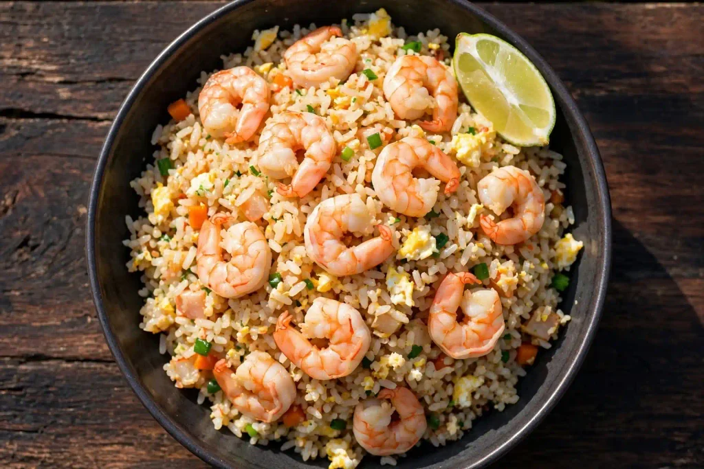 10 Best Fried Rice Recipes for Easy Weeknight Dinners 3 Overhead view of shrimp fried rice with lime, one of the 10 fried rice recipes in this list