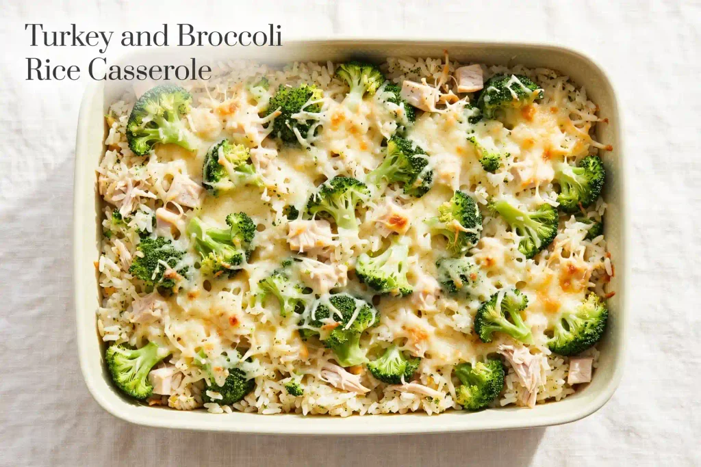 10 Casserole Recipes for Dinner That Actually Hold Up on a Weeknight 7 overhead photo of turkey and broccoli rice casserole with visible broccoli florets