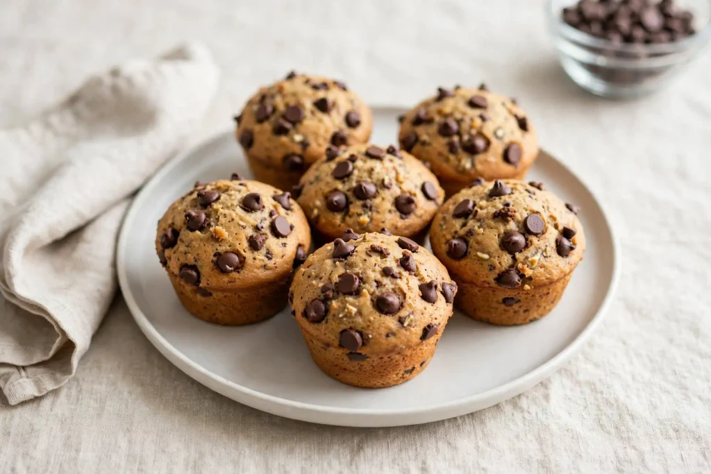 Banana Chocolate Chip Muffins (Soft, Moist, Ready in 35 Minutes) 2 banana chocolate chip muffins, finished dish shown at a 45-degree or overhead angle in bright natural light with minimal props