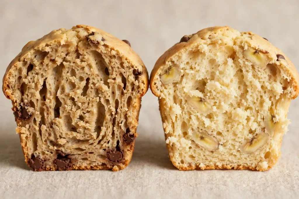 Banana Chocolate Chip Muffins (Soft, Moist, Ready in 35 Minutes) 5 "banana chocolate chip muffins comparison showing an overmixed, dense muffin versus the correct, tender result