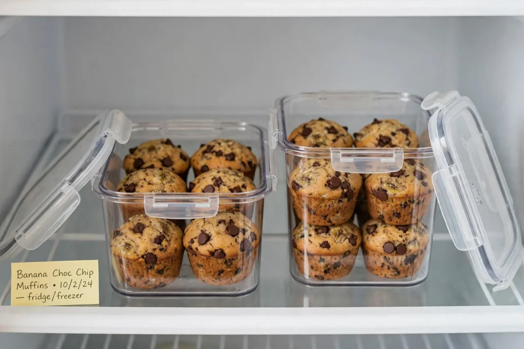 Banana Chocolate Chip Muffins (Soft, Moist, Ready in 35 Minutes) 6 banana chocolate chip muffins stored in an airtight container ready for the fridge or freezer