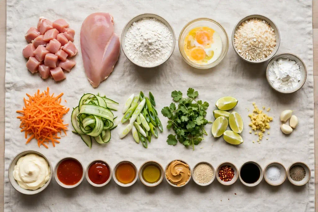 Bang Bang Chicken: Crispy Bites in a Sweet-Spicy Sauce That Actually Stay Crunchy 3 "bang bang chicken ingredients arranged in an overhead flat lay on a neutral background before prepping