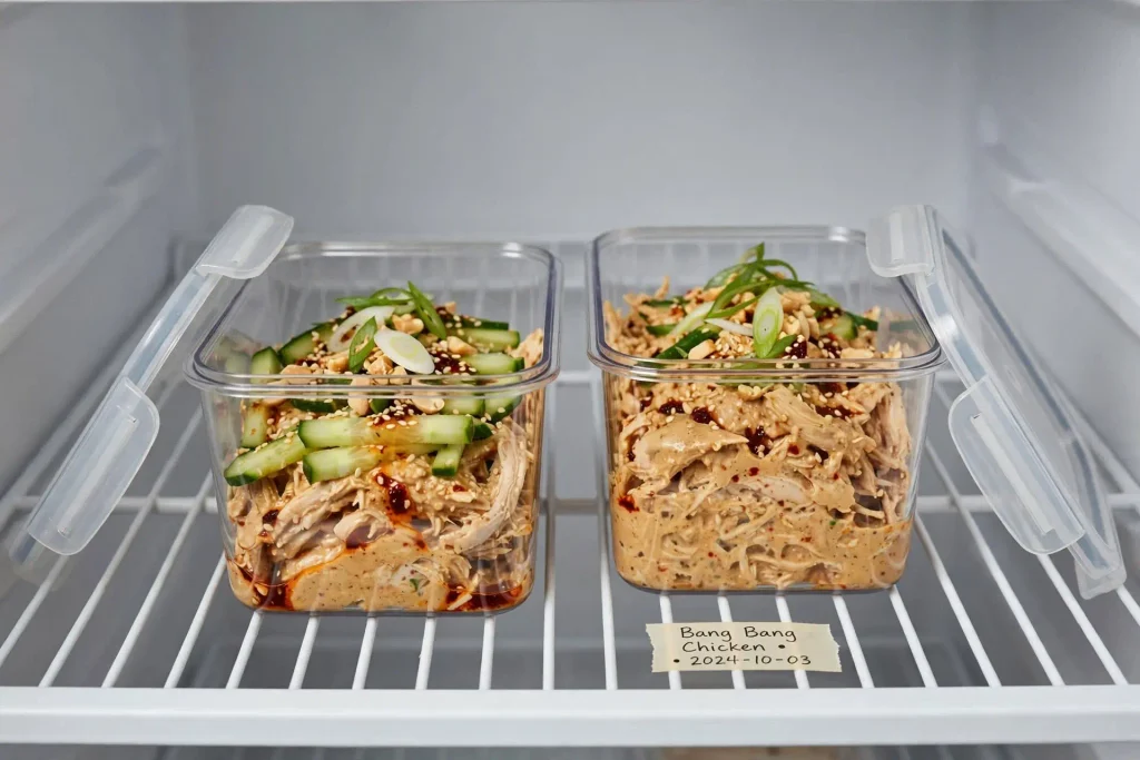 Bang Bang Chicken: Crispy Bites in a Sweet-Spicy Sauce That Actually Stay Crunchy 6 bang bang chicken stored in an airtight container ready for the fridge or freezer