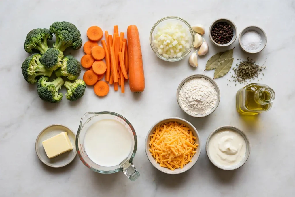 Creamy Broccoli Cheddar Soup (One Pot, 40 Minutes) 3 broccoli cheddar soup ingredients arranged in an overhead flat lay on a neutral background before prepping