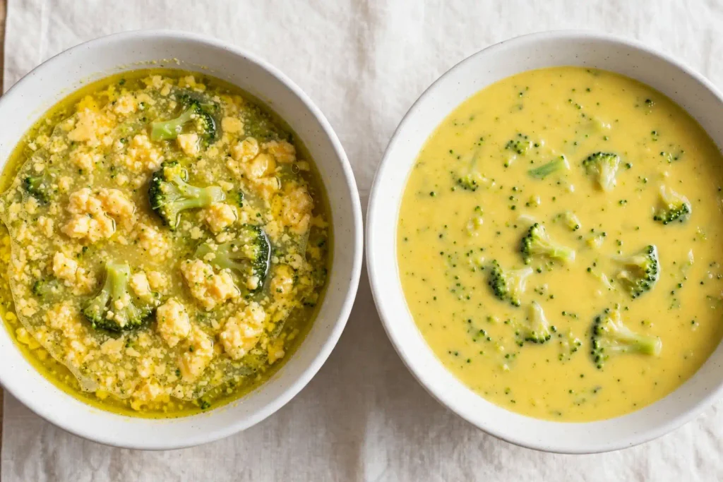 Creamy Broccoli Cheddar Soup (One Pot, 40 Minutes) 5 broccoli cheddar soup comparison showing grainy separated texture versus the correct smooth result