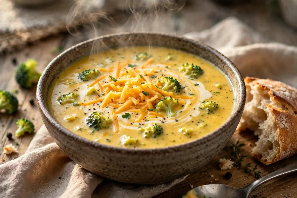 Creamy Broccoli Cheddar Soup (One Pot, 40 Minutes) 8 broccoli cheddar soup plated and garnished for serving with steam rising and a side of bread