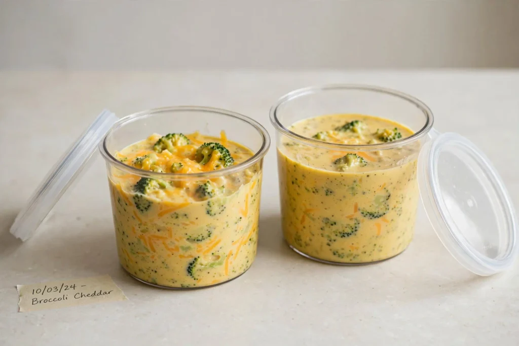 Creamy Broccoli Cheddar Soup (One Pot, 40 Minutes) 6 broccoli cheddar soup stored in an airtight container ready for the fridge or freezer