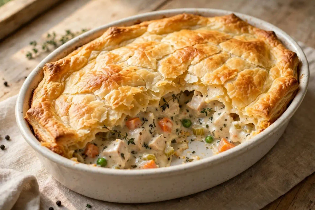 10 Best Chicken Casserole Recipes for Easy Weeknight Dinners 5 Chicken Pot Pie Casserole with a golden pastry topping and one slice removed, from this chicken casserole roundup