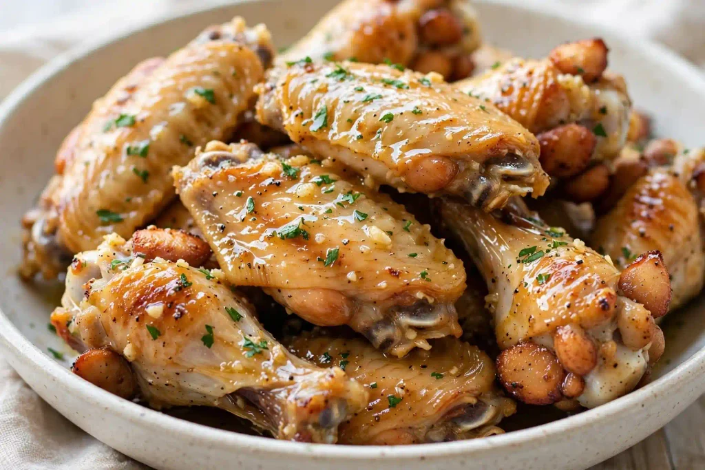 10 Best Baked Chicken Recipes for Easy Weeknight Dinners 5 Garlic butter baked chicken wings tossed and plated, one of 10 recipes in this baked chicken roundup