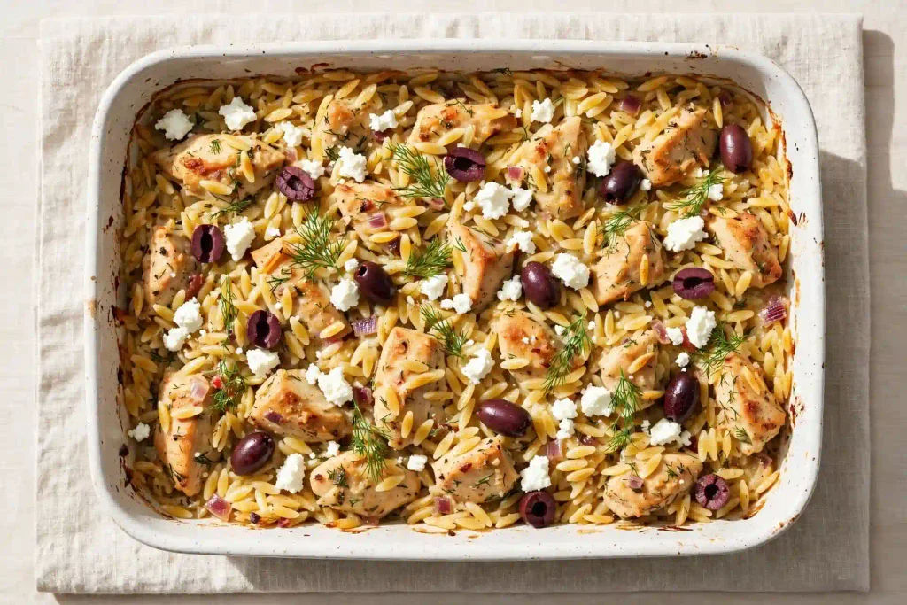 10 Best Chicken Casserole Recipes for Easy Weeknight Dinners 9 Greek Chicken and Orzo Casserole with feta and olives on top, one of the 10 recipes in this chicken casserole