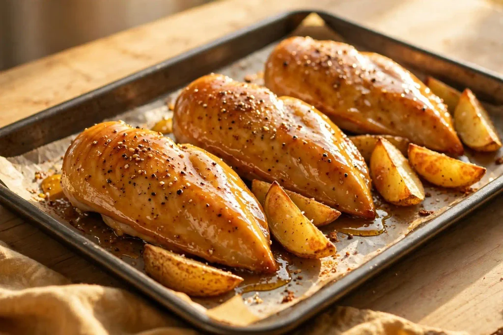 10 Best Baked Chicken Recipes for Easy Weeknight Dinners 7 Honey mustard baked chicken breasts glazed on a sheet pan, one of 10 recipes in this baked chicken roundup