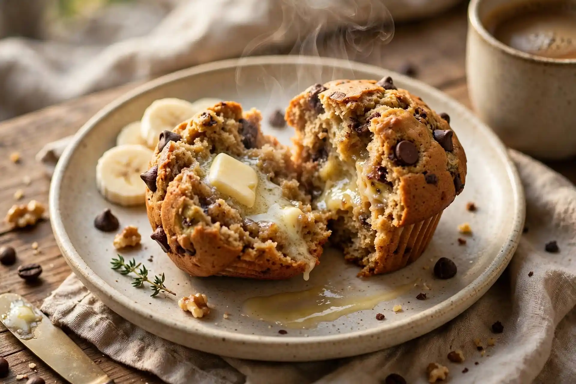 Banana Chocolate Chip Muffins (Soft, Moist, Ready in 35 Minutes) 8 banana chocolate chip muffins plated and split open with melted butter for serving alongside coffee