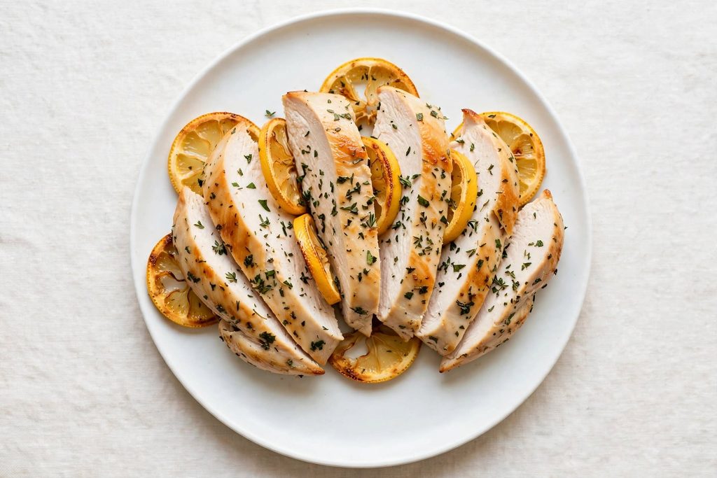 10 Best Baked Chicken Recipes for Easy Weeknight Dinners 2 Sliced lemon herb baked chicken breast on a plate, one of 10 recipes in this baked chicken roundup