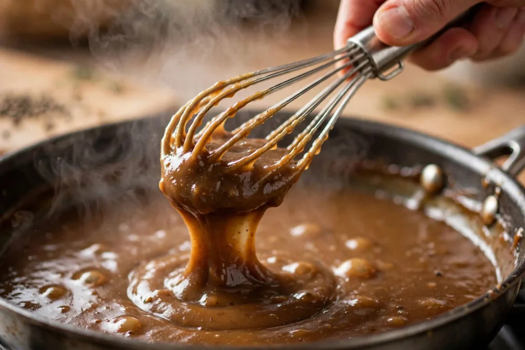 Swedish Meatballs (Ready in 40 Minutes) 4 Close-up of Swedish meatballs gravy at the roux stage, showing glossy texture and consistency