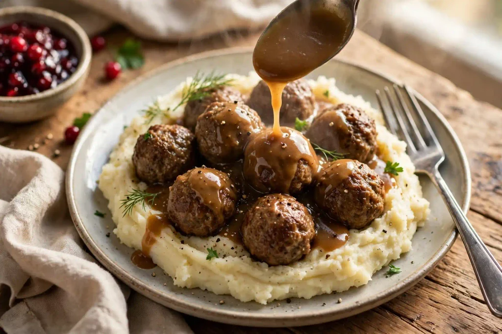 Swedish Meatballs (Ready in 40 Minutes) 8 Swedish meatballs plated over mashed potatoes with gravy being drizzled over the top