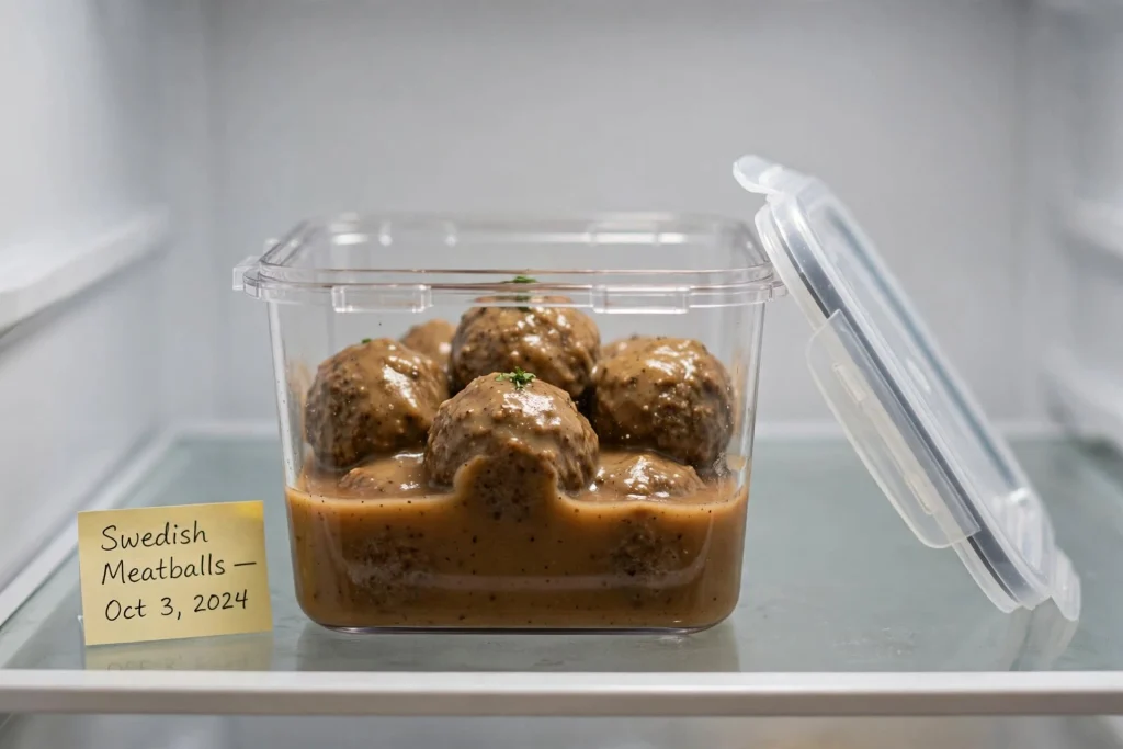 Swedish Meatballs (Ready in 40 Minutes) 6 Swedish meatballs stored in an airtight container ready for the fridge or freezer